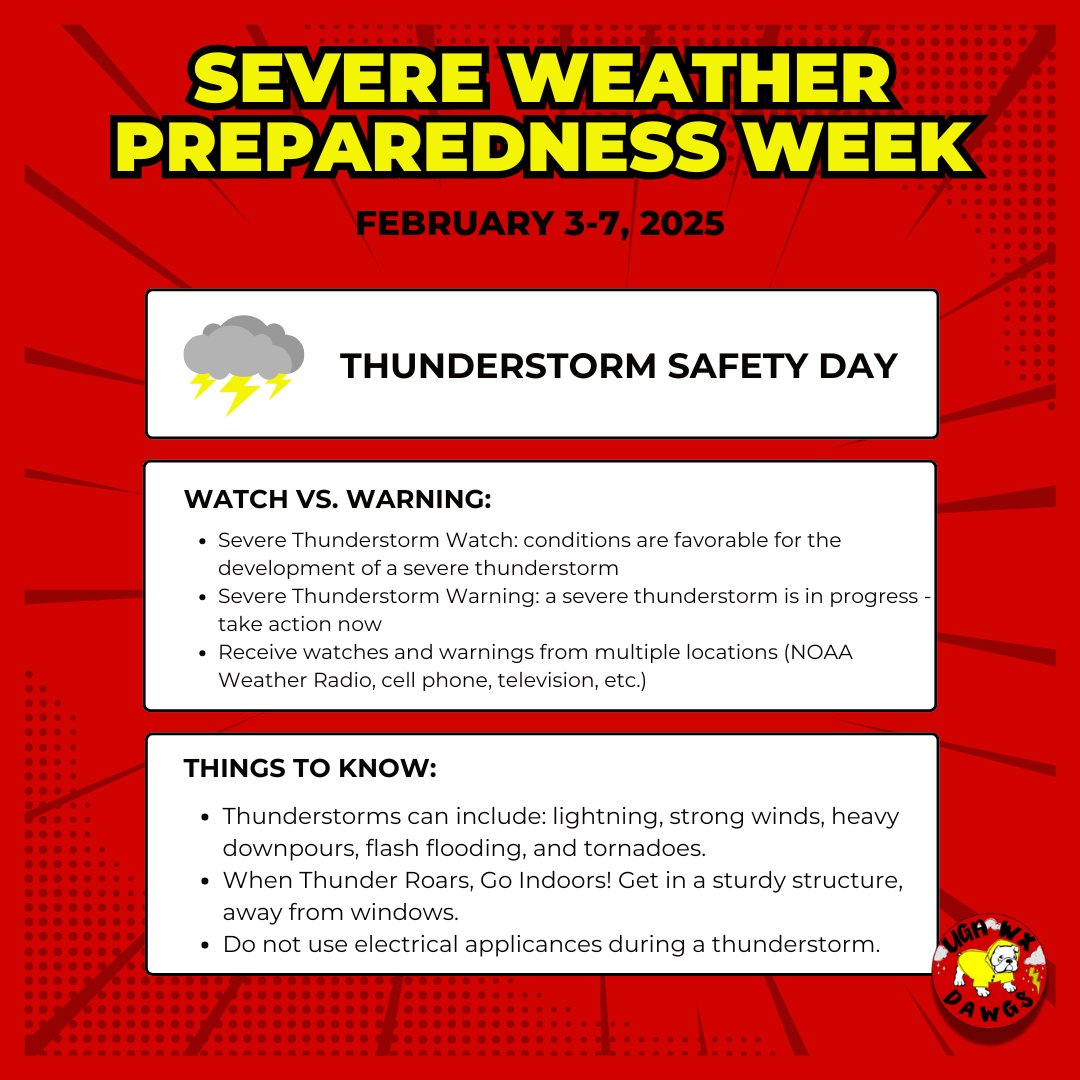 It’s Day 2 of Severe Weather Preparedness Week: Thunderstorm Safety Day!

Thunderstorms an include lightning, strong winds, flash flooding, hail, and even tornadoes. They are common in Georgia, especially in the upcoming spring and summer months.

1/4