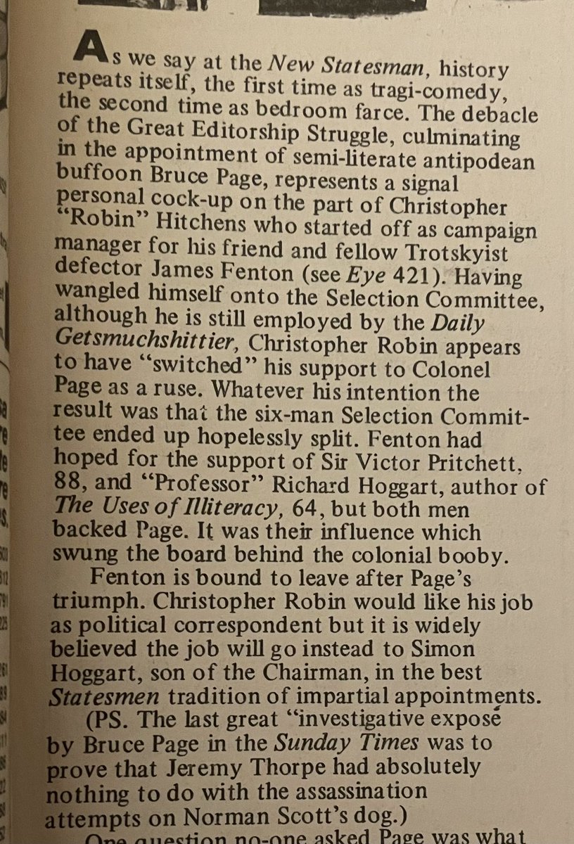 Recently got hold of some Private Eye back copies. Turns out they spent much of 1978 dragging a young New Statesman hack called Christopher Hitchens. Whatever happened to him eh