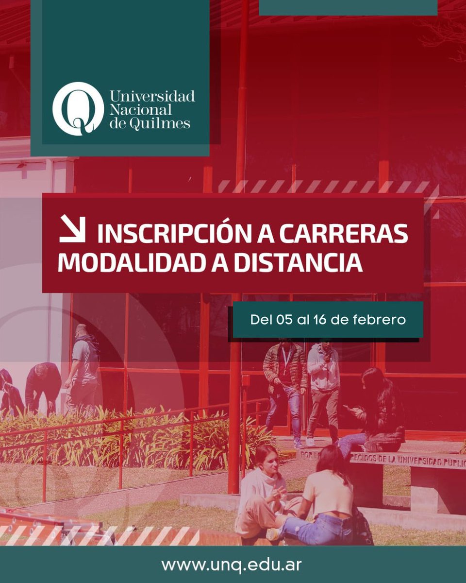 💻¡Mañana comienza la inscripción a carreras de la modalidad a distancia!

📆 Hasta el 16 de febrero de 2025 la UNQ abrirá el período de inscripción a la oferta de carreras a distancia

🖱️+ INFO: bit.ly/3Pbf1yc