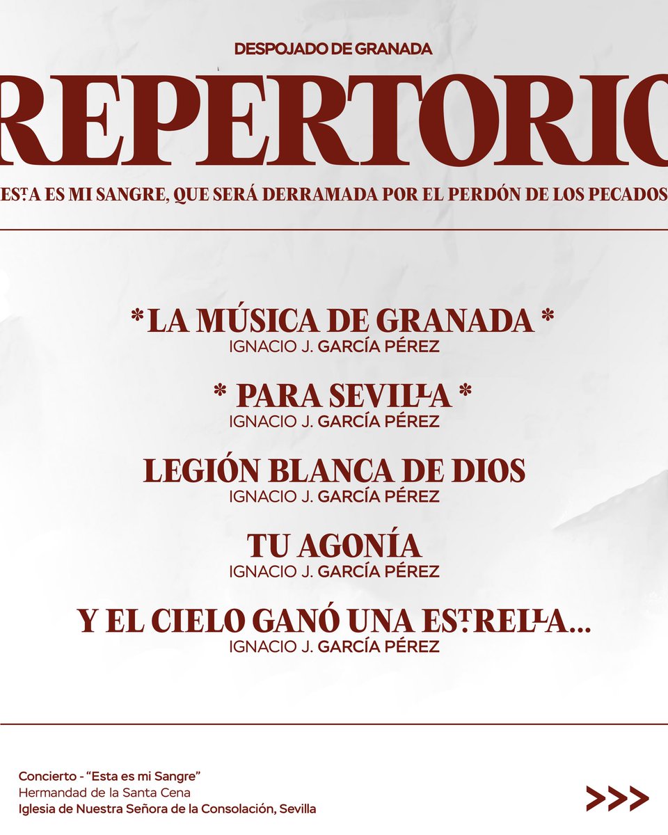 DespojadoGR's tweet photo. 🎶 | 𝐑𝐄𝐏𝐄𝐑𝐓𝐎𝐑𝐈𝐎 • 𝐄𝐒𝐓𝐀 𝐄𝐒 𝐌𝐈 𝐒𝐀𝐍𝐆𝐑𝐄

Os presentamos el repertorio que interpretaremos el próximo 8 de Febrero en la Iglesia de los Terceros a los pies de los Titulares de la Hermandad de la Cena, Sevilla.

ℹ️ Se producirá el estreno de dos nuevas piezas musicales obras de Ignacio García Pérez. ¡Pronto desvelamos detalles!

@LaCenaSevilla | @AlCielo101