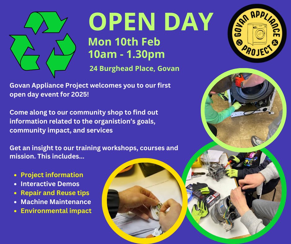 🟡🟢🔵 GAP OPEN DAY / Feb 10 2025 / 10am-2pm / 

Pop in to stay hi and meet the team, have a cuppa and get information on what we do as a community project 🔵🟢🟡

♻️♻️♻️♻️♻️♻️♻️♻️♻️♻️♻️♻️♻️

All welcome, please share! #govanapplianceproject