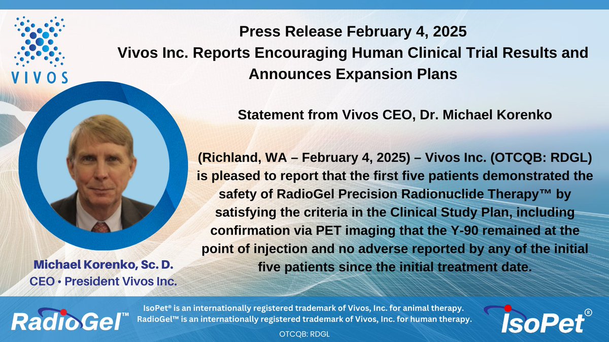 VivosIncUSA's tweet photo. Update on Human Clinical Trials using RadioGel® Precision Radionuclide Therapy™ for treating cancer-Press Release Feb 4, 2025 Please visit https://t.co/FfgSTxp0Cr to find the full press release outlining our groundbreaking clinical trials in India $RDGL https://t.co/8RLR0Rtd0h