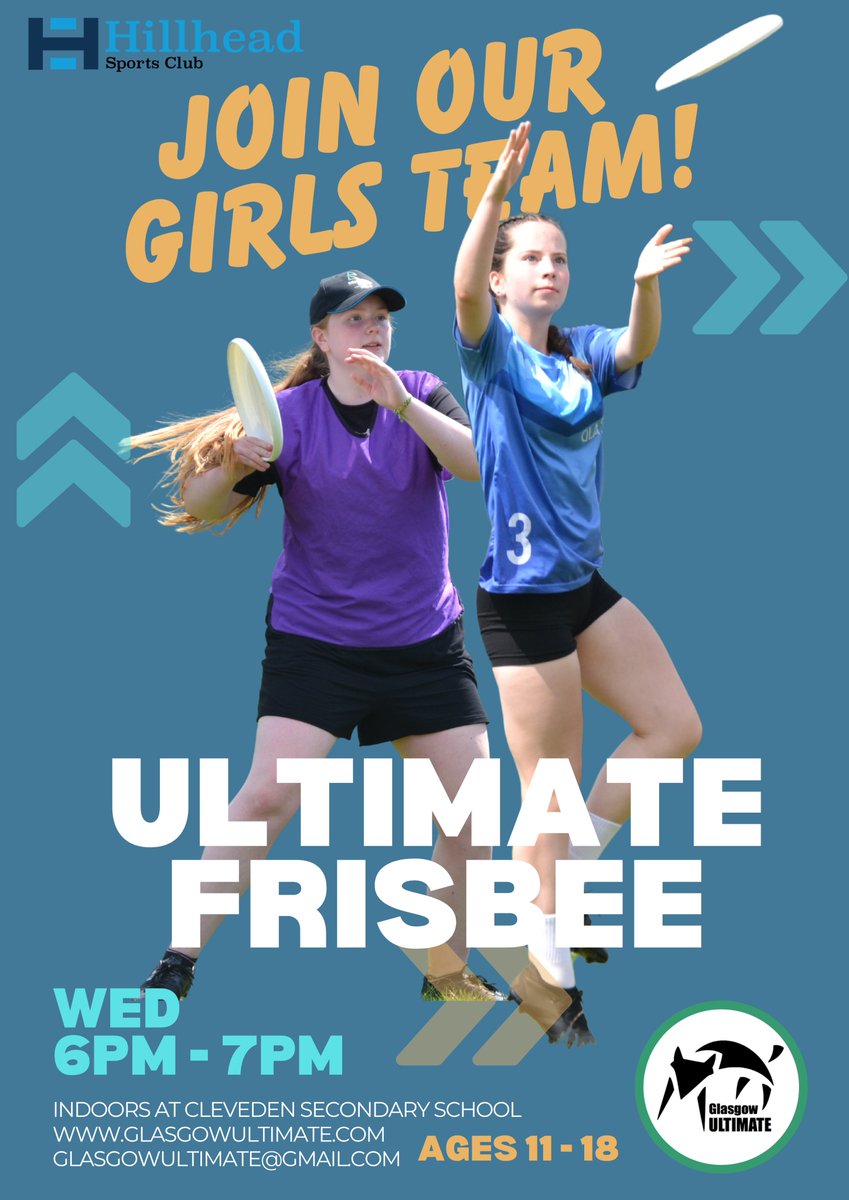 Join our Ultimate Frisbee girls' team at Hillhead Sports Club. 

We are recruiting girls aged 11 - 18. Complete beginners welcome. Try a new sport, develop skills and be part of a team this year!

Training: Wed 6pm - 7pm Cleveden Secondary School

<a href="/HillheadSports/">Hillhead Sports Club</a>
