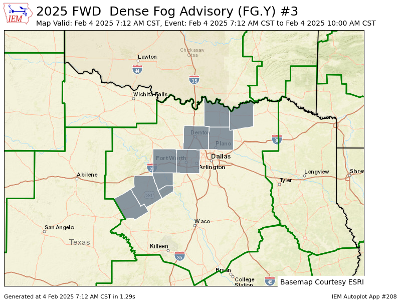 Weatherboy_24's tweet photo. FWD issues Dense Fog Advisory for Collin, Comanche, Denton, Erath, Fannin, Grayson, Hood, Parker, Somervell, Tarrant [TX] till Feb 4, 10:00 AM CST https://t.co/4v6g2JcROE https://t.co/Cr2bcdZ8HW