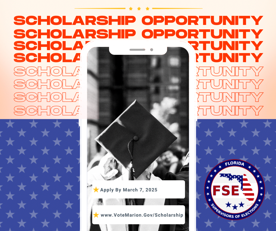 📣Attention College Students!📣 The Florida Supervisors of Elections is proud to offer scholarship opportunities to students. 📚⚖️📰To learn more visit VoteMarion.Gov/Scholarship