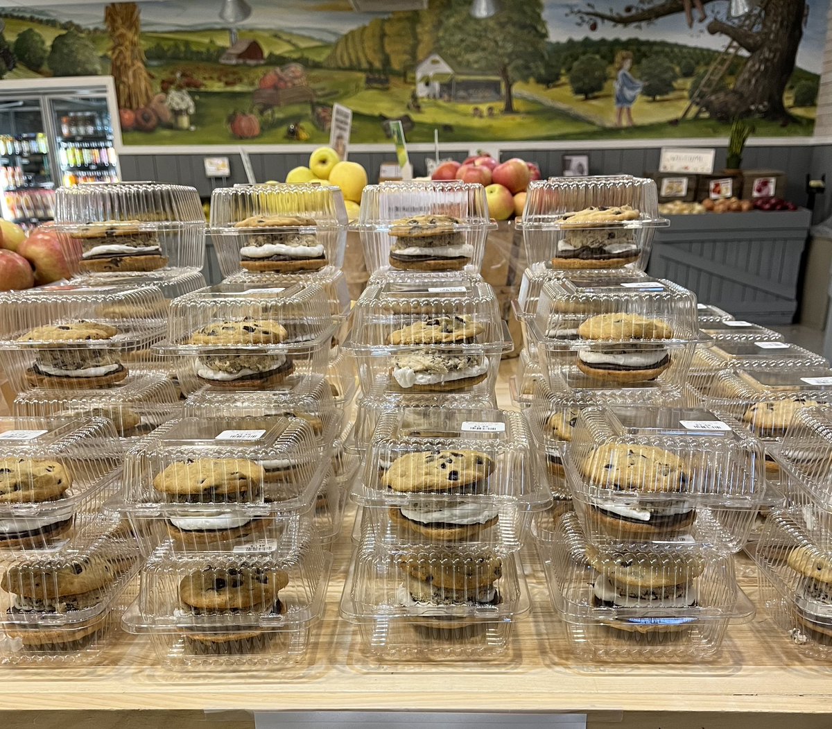 Our popular chocolate chip monster cookies that have an extra scoop of cookie dough icing inside are Buy One Get One Free today, while supplies last. We set them out on the counter as soon as you walk into our Market.