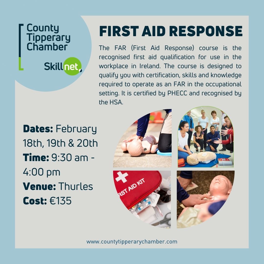 County Tipperary Chamber Skillnet (@cotippskillnet) on Twitter photo 🩹🩺 Looking for first aid training? Our comprehensive First Aid Response Course equips you with essential skills to handle emergencies confidently in the workplace.
countytipperarychamber.com/skillnet-upcom…
#ThinkTalent <a href="/CTChamber/">County Tipperary Chamber</a> 🩹🩺 Looking for first aid training? Our comprehensive First Aid Response Course equips you with essential skills to handle emergencies confidently in the workplace.
countytipperarychamber.com/skillnet-upcom…
#ThinkTalent <a href="/CTChamber/">County Tipperary Chamber</a>
