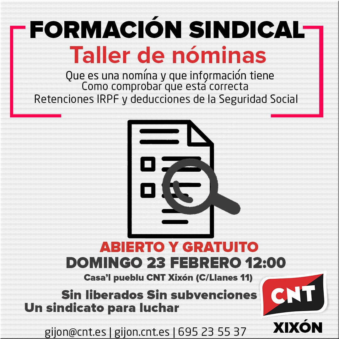 📢📢 El 23 de este mes de febrero a las 12:00 tenemos taller de nóminas!! Totalmente gratuito y abierto a todo el mundo que quiera venir!