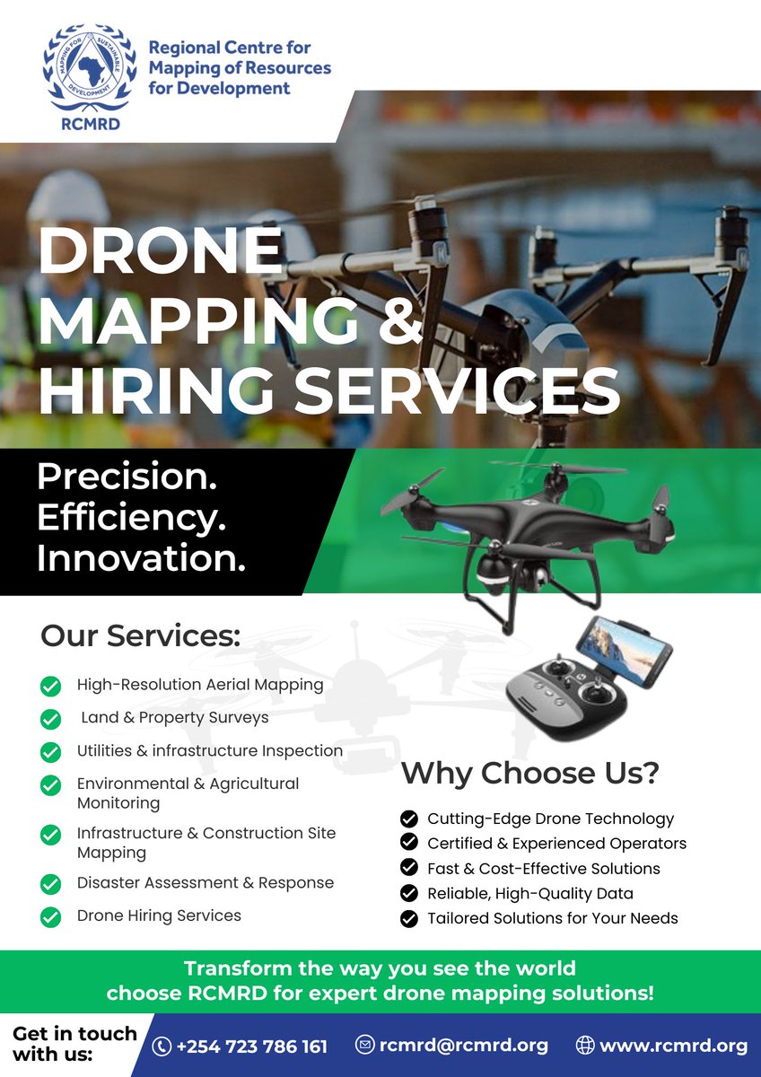 RCMRD_'s tweet image. Want to improve efficiency in high resolution #aerialmapping, Land surveys, Infrastructure inspections, and much more?
We are offering expert #Dronemapping &amp;amp; hiring services run by certified operators. 
Reach us on rcmrd@rcmrd.org
#dronetechnology