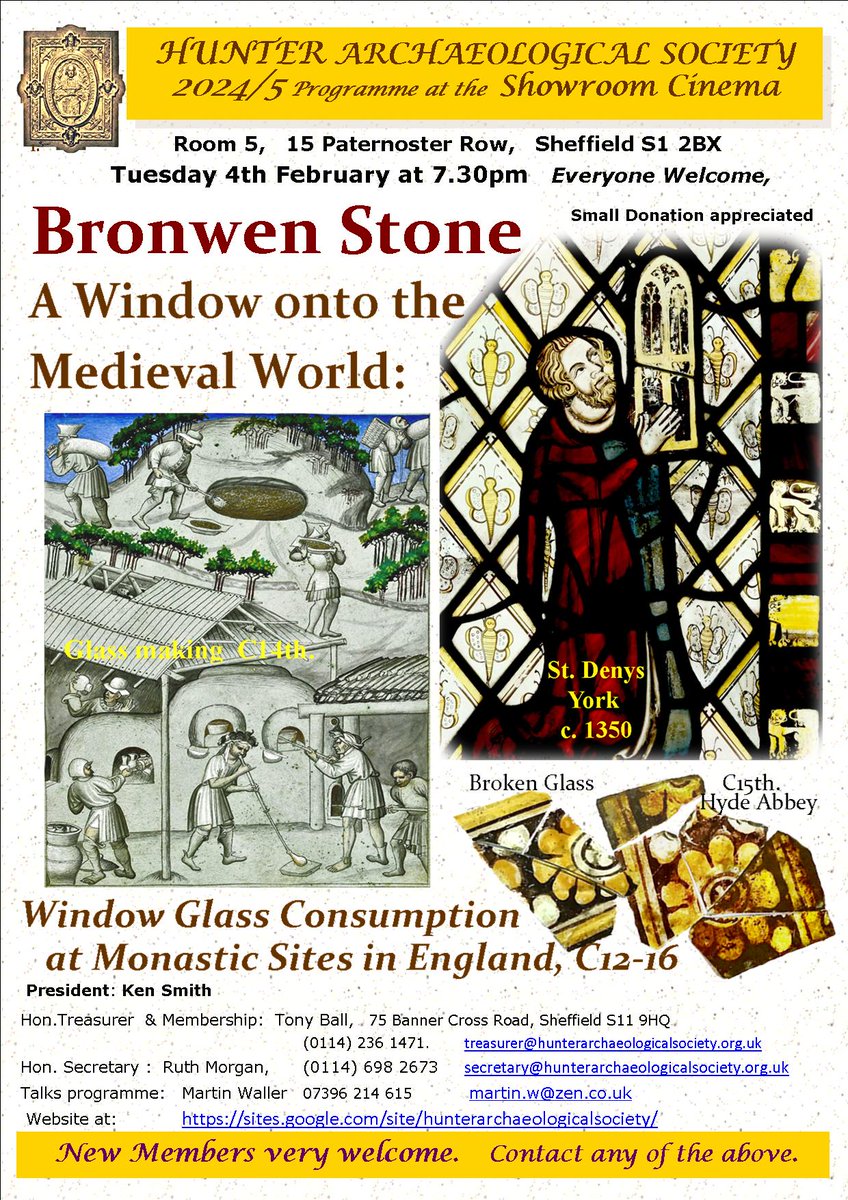 Hunter Archaeological Society (@hunterarchsoc) on Twitter photo Tonight's (Tuesday 4 February) Hunter talk is by Bronwen Stone, entitled ‘A Window onto the Medieval World: window glass consumption at monastic sites in England, 12th to 16th centuries.’ Tonight's (Tuesday 4 February) Hunter talk is by Bronwen Stone, entitled ‘A Window onto the Medieval World: window glass consumption at monastic sites in England, 12th to 16th centuries.’
