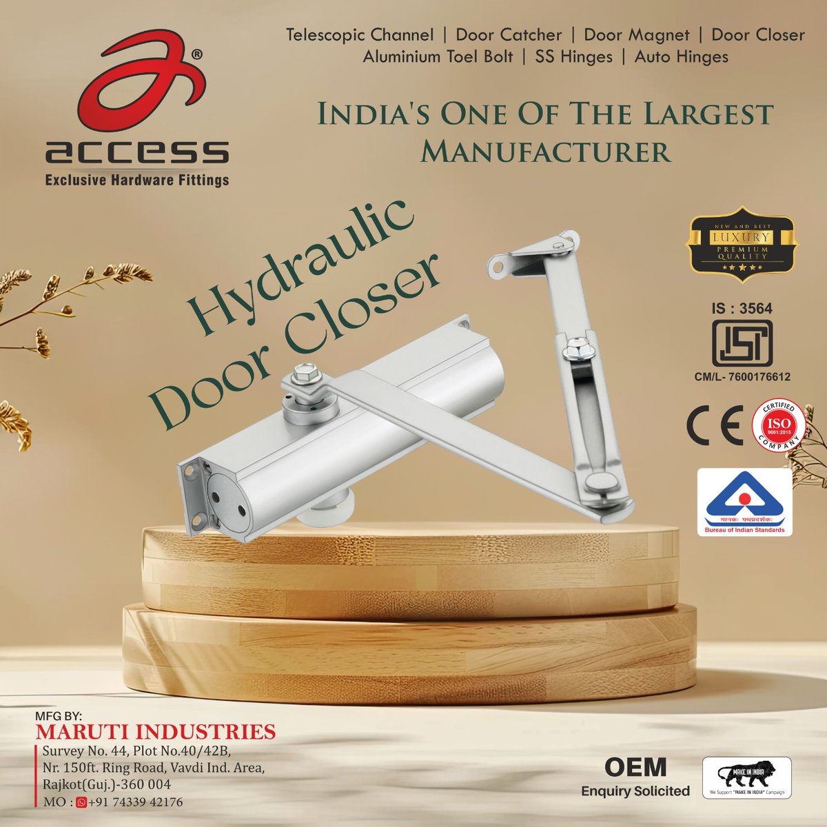 HardwareSamachr's tweet image. For a door that closes right every time, trust Access Hydraulic Door Closers.
#MarutiIndustries #Rajkot #AccessHardware #AccessDoorCloser #HydraulicDoorCloser #DoorFittings #HardwareFittings #PrecisionFittings #DoorSolutions #BuildingHardware #BuildingMaterials #HomeImprovement