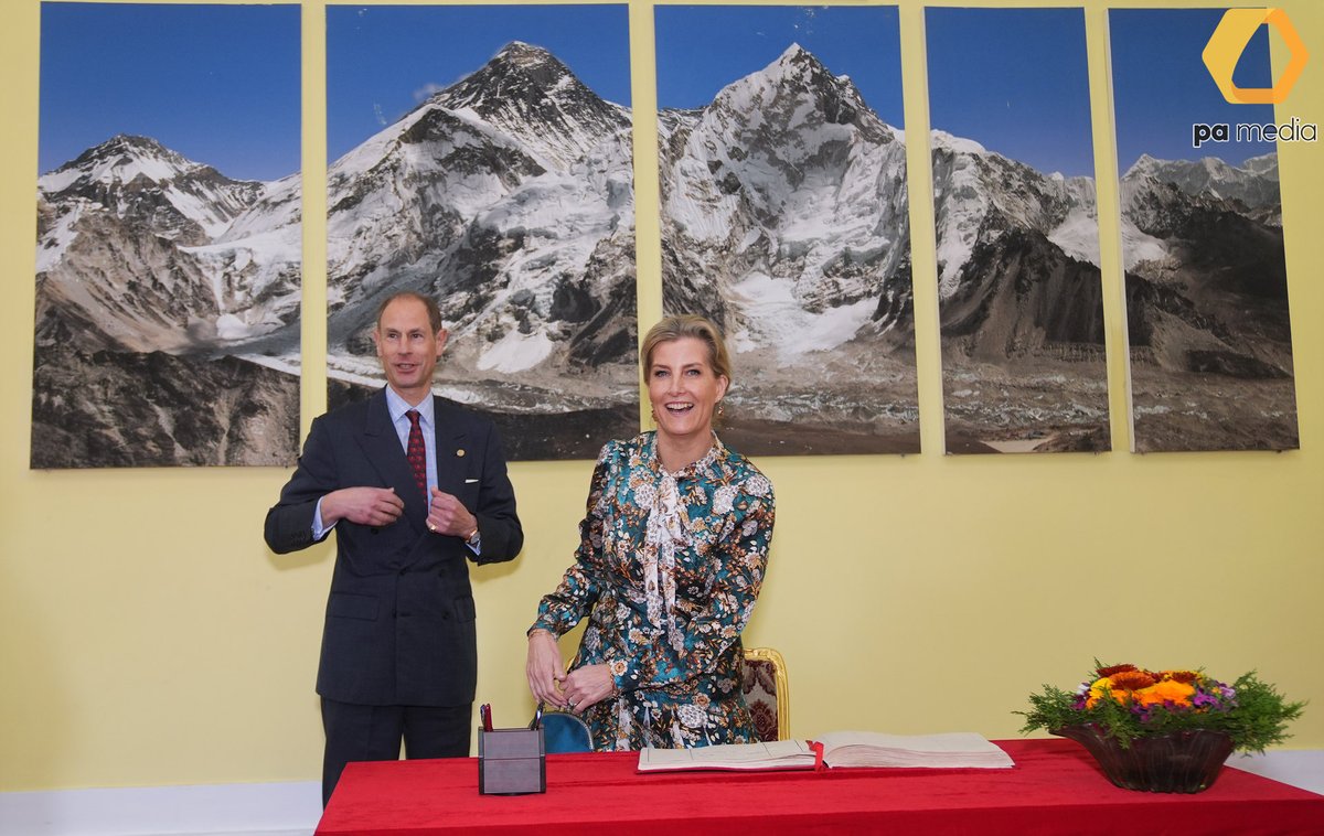 The Duke and Duchess of Edinburgh meet President of Nepal, Ram Chandra Paudel with his wife Sabita at the Presidential Palace in Maharajgunj, Kathamnadu, where they also signed the visitors book afterwards, during their visit to Nepal. #Royal #Nepal #Namaste