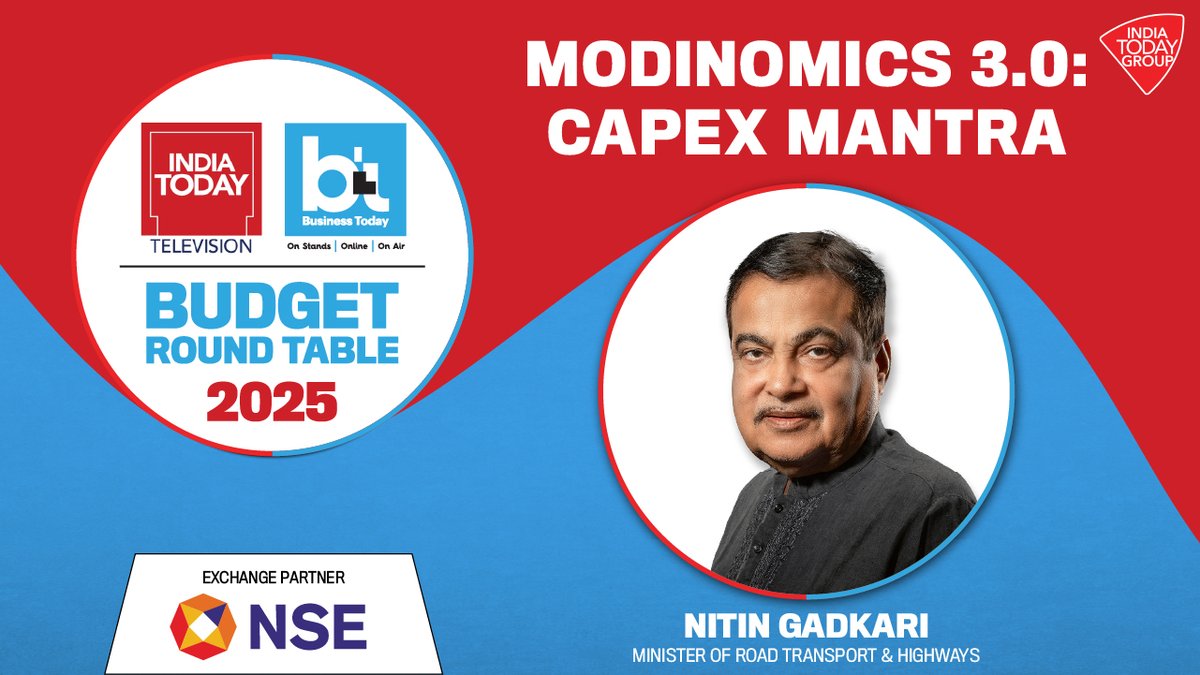 business_today's tweet photo. LIVE | Unpacking Budget 2025: Nitin Gadkari On Infrastructure And Economic Stimulus
Watch LIVE: https://t.co/wIW4RvqUmS | #PostBudgetRoundTable #BudgetWayTheBTWay #Modinomics2025 #UnionBudget2025 #NitinGadkari
@nitin_gadkari | @sahiljoshii | @NSEIndia https://t.co/BaoKjqUqMj