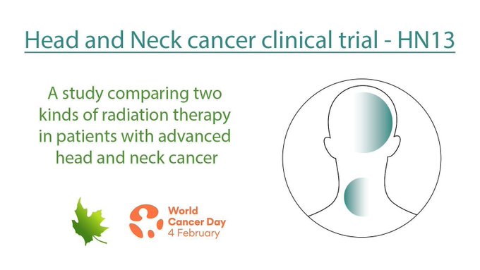 CDNCancerTrials's tweet photo. On #WorldCancerDay, a closer look at the #CCTG HN13 head & neck cancer trial. The study compares the effects on patients and their cancer of a new type of radiation treatment to improve quality of life. #SolvingCancerTogether https://t.co/Kgvs5TxTX9 https://t.co/QCg2ggOLyF
