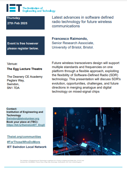 IETSWINDON's tweet photo. Join us on the 27th of February at the Egg Lecture Theatre in Swindon, to learn about the latest advances in software defined radio technology for future wireless communication from Francesco Raimondo 🛰️ 
Register here -> https://t.co/qaqxMvW0qK https://t.co/YSeX176666