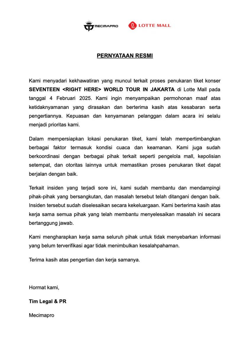 Surat Pernyataan Resmi Mecimapro dan Lotte Mall terkait penukaran tiket konser SEVENTEEN <RIGHT HERE> WORLD TOUR IN JAKARTA, tanggal 4 Februari 2025. Terima kasih.