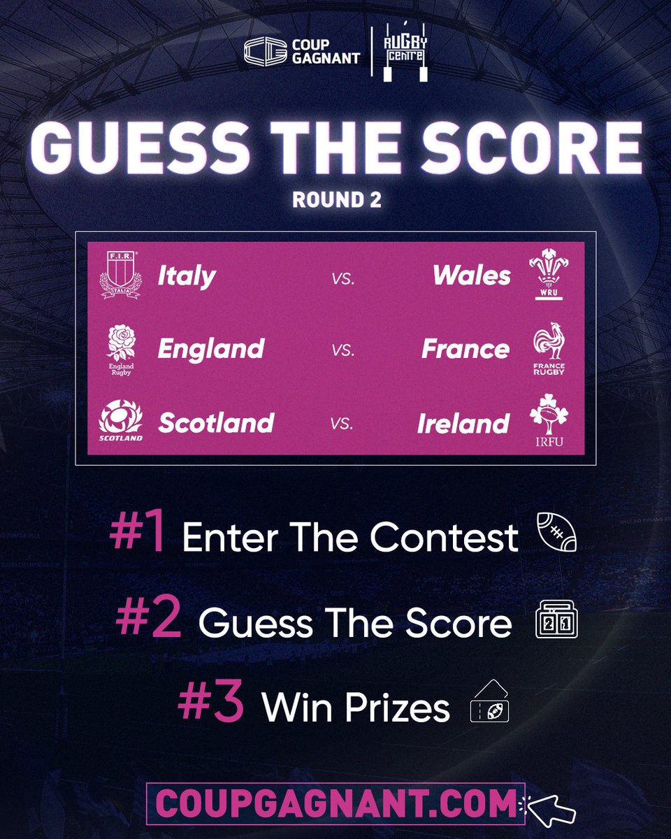 Think you can predict the score? It’s time to prove it!

Round 2 of the <a href="/SixNationsRugby/">Guinness Men's Six Nations</a> is here, and so is your chance to win BIG! 🏉

✅ Predict the final scores of Round 2
✅ Get it right &amp; win amazing prizes!

Rugby is all about precision, strategy—just like your predictions.