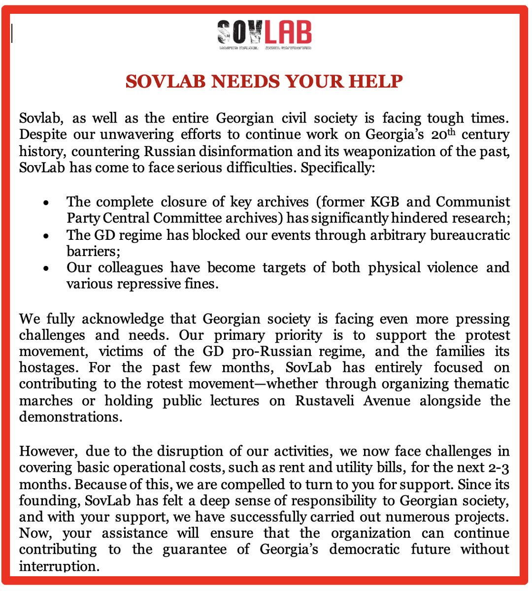 SovLab is struggling to cover rent &amp; utilities for the next 2-3 months/ We call for your support in this critical moment. 
📌 Recipient: AIP SovLab 2024
📌 Account Nr: GE54BG0000000604608986
📌 PayPal: @Sovlab
Retweets &amp; shares are also a huge help! Thank you! 🙏