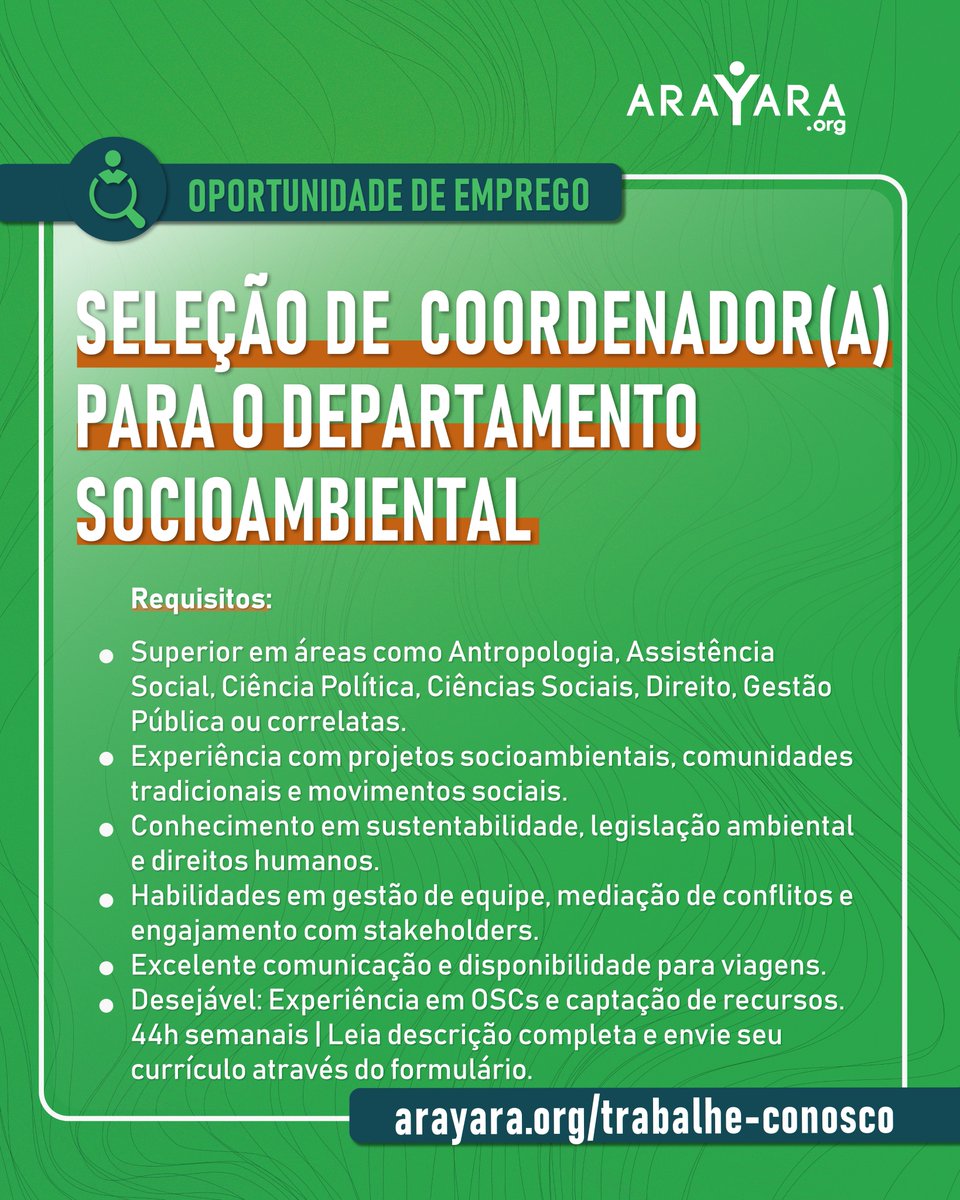 arayaraoficial's tweet image. 🌍 Junte-se à ARAYARA como Coordenador(a) Socioambiental!

🔗 Acesse arayara.org/trabalhe-conos… para mais detalhes e envie seu currículo e carta de apresentação. Venha fazer a diferença conosco!

#vagadeemprego #empregodf #Brasília #ARAYARA