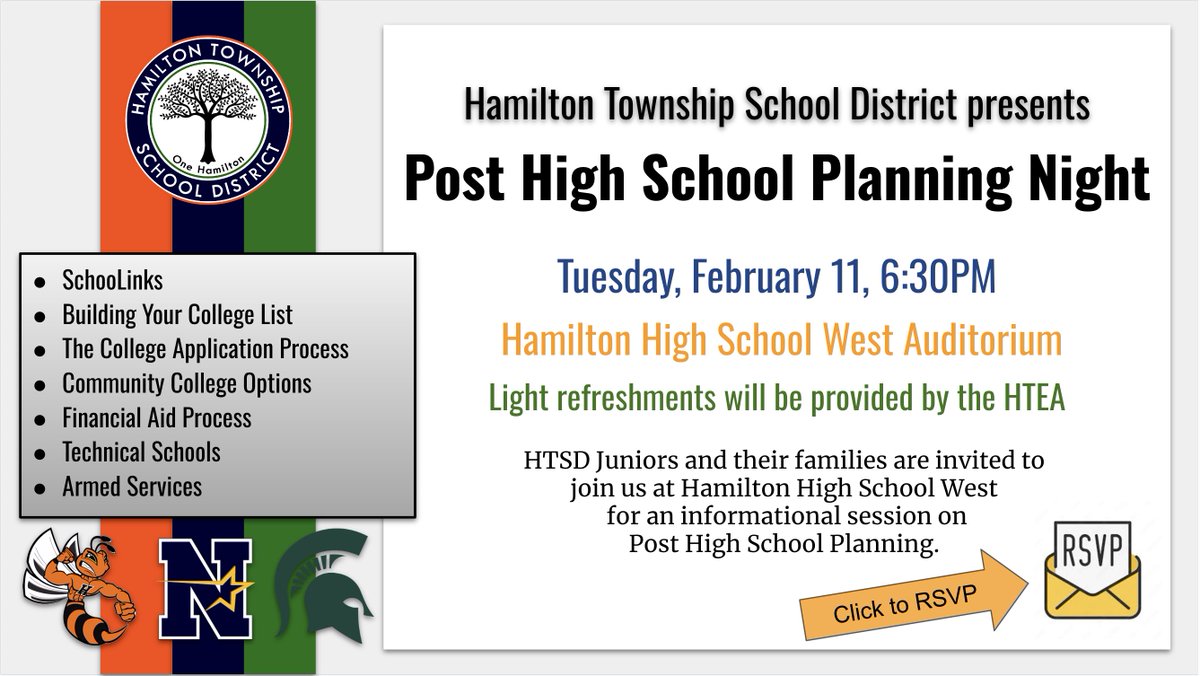 WeAreHTSD (@wearehtsd) on Twitter photo ๐ฃ Upcoming Events @ HTSD
Post High School Planning Night
๐ Tue., February 11, 2025
๐ก <a href="/HTSD_West/">Hamilton High West -The Hornet Buzz ๐</a> Auditorium
๐ฐ 6:30pm
#HTSD #HTSDpride
<a href="/ScottRRocco/">Scott Rocco, Ed.D.</a> <a href="/HTSDSecondary/">Jim Altobello Ed.D.</a> <a href="/HTSDCounseling/">Kimberly Ferlauto, M.Ed, NCC, LPC</a> <a href="/WestVP_Flanagan/">Erin Flanagan</a> <a href="/HTSD_Nottingham/">Nottingham High School</a> <a href="/HTSD_Steinert/">Steinert Hamilton High School East</a> <a href="/SpartanSentinel/">The Spartan Sentinel</a> <a href="/SpartanSentinel/">The Spartan Sentinel</a> <a href="/LauraGeltch/">Laura Geltch</a> ๐ฃ Upcoming Events @ HTSD
Post High School Planning Night
๐ Tue., February 11, 2025
๐ก <a href="/HTSD_West/">Hamilton High West -The Hornet Buzz ๐</a> Auditorium
๐ฐ 6:30pm
#HTSD #HTSDpride
<a href="/ScottRRocco/">Scott Rocco, Ed.D.</a> <a href="/HTSDSecondary/">Jim Altobello Ed.D.</a> <a href="/HTSDCounseling/">Kimberly Ferlauto, M.Ed, NCC, LPC</a> <a href="/WestVP_Flanagan/">Erin Flanagan</a> <a href="/HTSD_Nottingham/">Nottingham High School</a> <a href="/HTSD_Steinert/">Steinert Hamilton High School East</a> <a href="/SpartanSentinel/">The Spartan Sentinel</a> <a href="/SpartanSentinel/">The Spartan Sentinel</a> <a href="/LauraGeltch/">Laura Geltch</a>