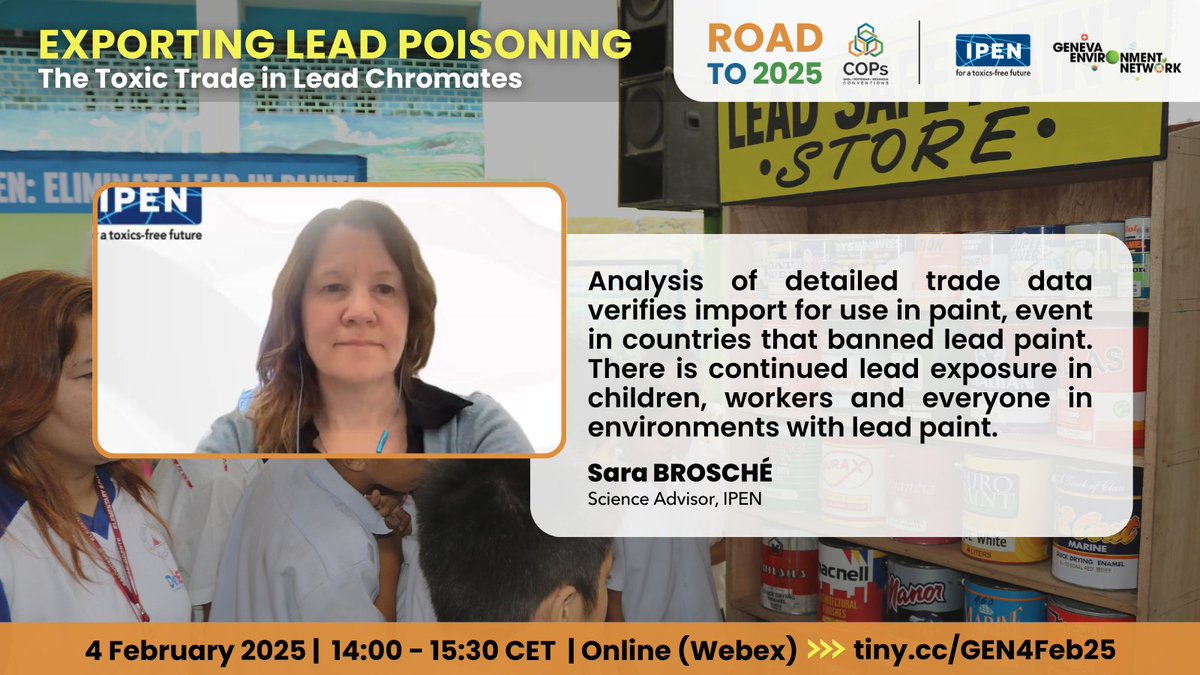 GENetwork's tweet photo. @ToxicsFree @brsmeas @kuepouo @ilo @BanLeadPaint @WHO @GAHP_Global @HealthDiploA @CEJADKenya @BoysenPaints @PeruEnGinebra @malawi_geneva @BDPM_Geneva Presenting the results @ToxicsFree report, Sara Brosché underscores that given the continued export of #lead chromates for use in lead paint in countries that have banned it, notifications by such countries should be submitted.

📰 https://t.co/iVXMztEIis https://t.co/0UtZ0h8YV8
