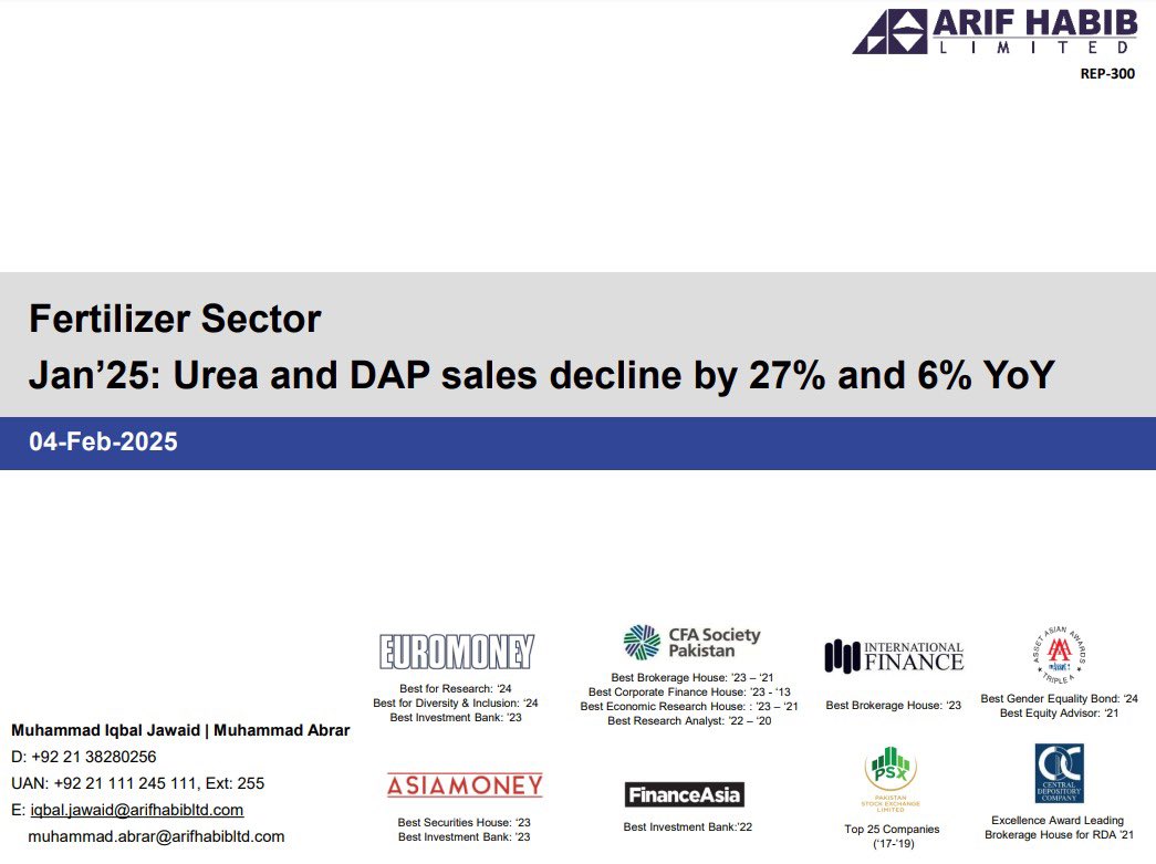 ArifHabibLtd's tweet photo. Pakistan Fertilizer Sector - Jan’25: Urea and DAP sales decline by 27% and 6% YoY
@Pakstockexgltd
#NFDC #FFC #FFBL #EFERT #FATIMA #Pakistan #AHL https://t.co/KgvhES4ggF