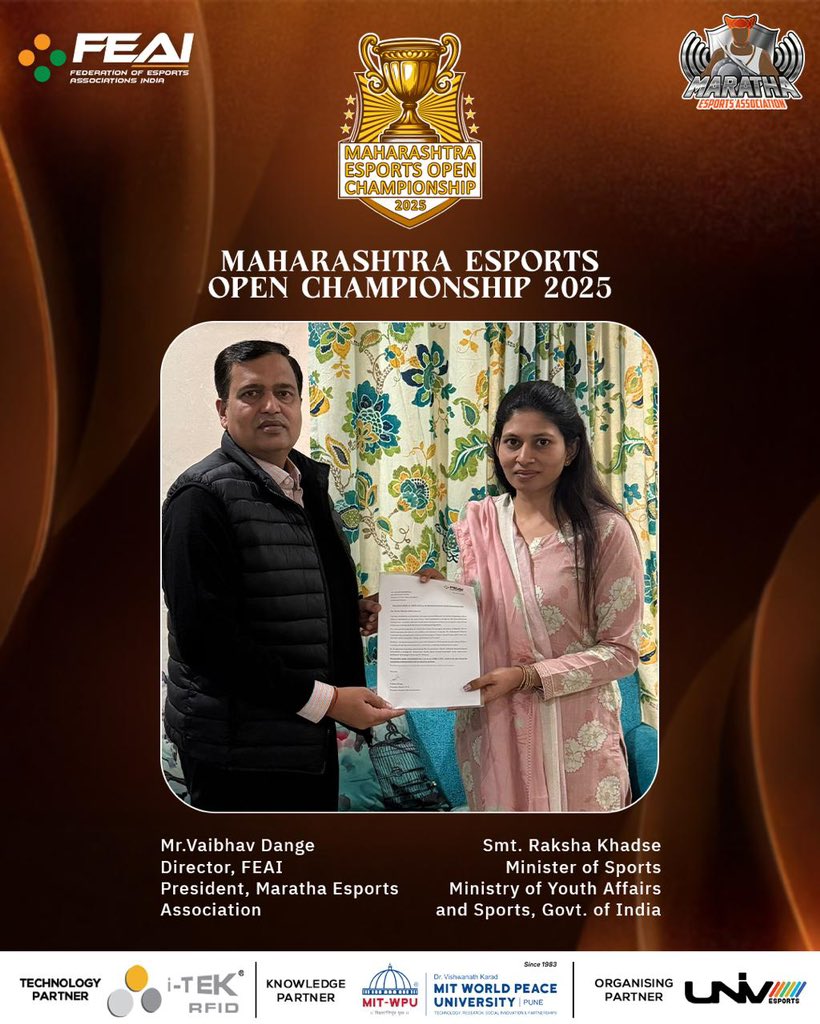 VAIBHAV DANGE वैभव डांगे (@vaibhav_74) on Twitter photo ✨ Happy to inform Hon’ble Central Minister of State for Youth Affairs & Sports Smt @KhadseRaksha has kindly accepted our invitation to inaugurate the “Maharshtra Esports Open Championship 2025” being organised by Maratha Esports Association and <a href="/FEAI_IN/">Federation of Electronic Sports Associations India</a> on 17th Feb at MIT Pune. ✨ Happy to inform Hon’ble Central Minister of State for Youth Affairs & Sports Smt @KhadseRaksha has kindly accepted our invitation to inaugurate the “Maharshtra Esports Open Championship 2025” being organised by Maratha Esports Association and <a href="/FEAI_IN/">Federation of Electronic Sports Associations India</a> on 17th Feb at MIT Pune.