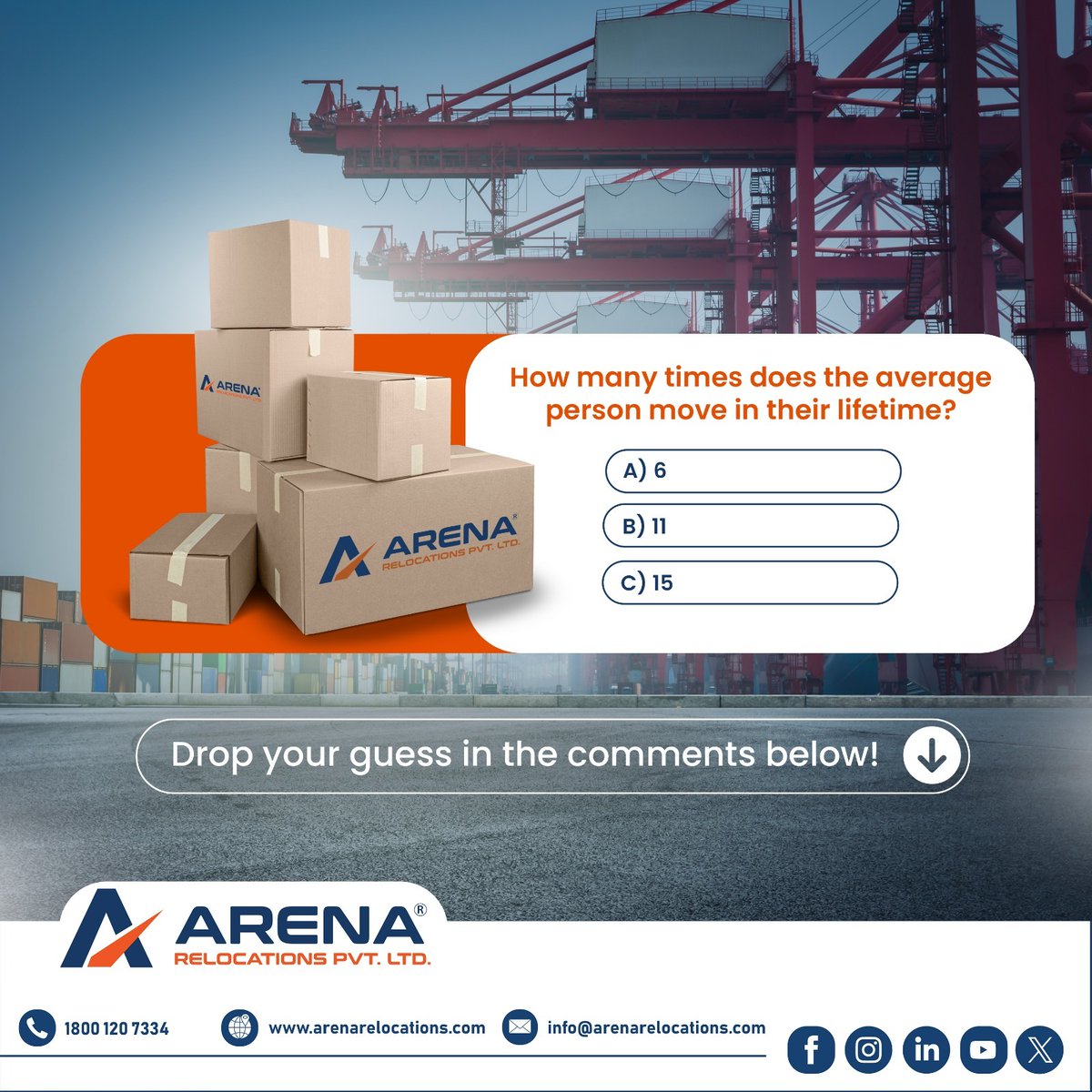 arenarelocation's tweet photo. Pop Quiz!🚚
How many times does the average person move in their lifetime?
a) 6
b) 11
c) 15
Drop your guess in the comments below! Let’s see how much you know about moving trends! 👇
#movingtrivia #funfacts #arenarelocations #packersandmovers #stressfreemoving #movewithtrust https://t.co/Mf76Pj84w0