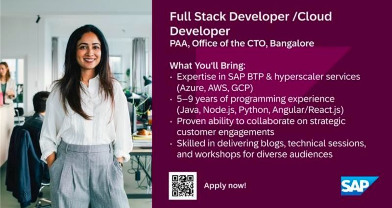 PVN PavanKumar (@_pvn_pavan) on Twitter photo Hiring alert!
We are looking for passionate and driven individual to join our unit (#PAA) in "Office of the CTO" as #fullstack #developer / #Cloud #Developer
Learn more: jobs.sap.com/job/Bangalore-…
<a href="/raksha19d/">Raksha Agrawal</a>
#OCTO #GenAI #dataanalytics #architecture Hiring alert!
We are looking for passionate and driven individual to join our unit (#PAA) in "Office of the CTO" as #fullstack #developer / #Cloud #Developer
Learn more: jobs.sap.com/job/Bangalore-…
<a href="/raksha19d/">Raksha Agrawal</a>
#OCTO #GenAI #dataanalytics #architecture