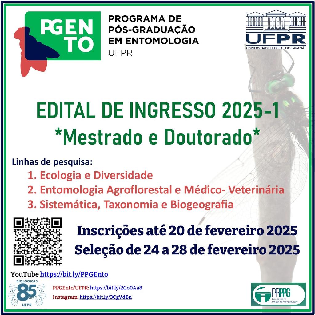 Interested in studying the #biodiversity of neotropical #insects? The PPGEnto master's and doctoral selection process is now open! If you want to work on projects involving aquatic insects, #dragonflies, or #cockroaches, contact us and join LABSIA. shorturl.at/XBZkZ