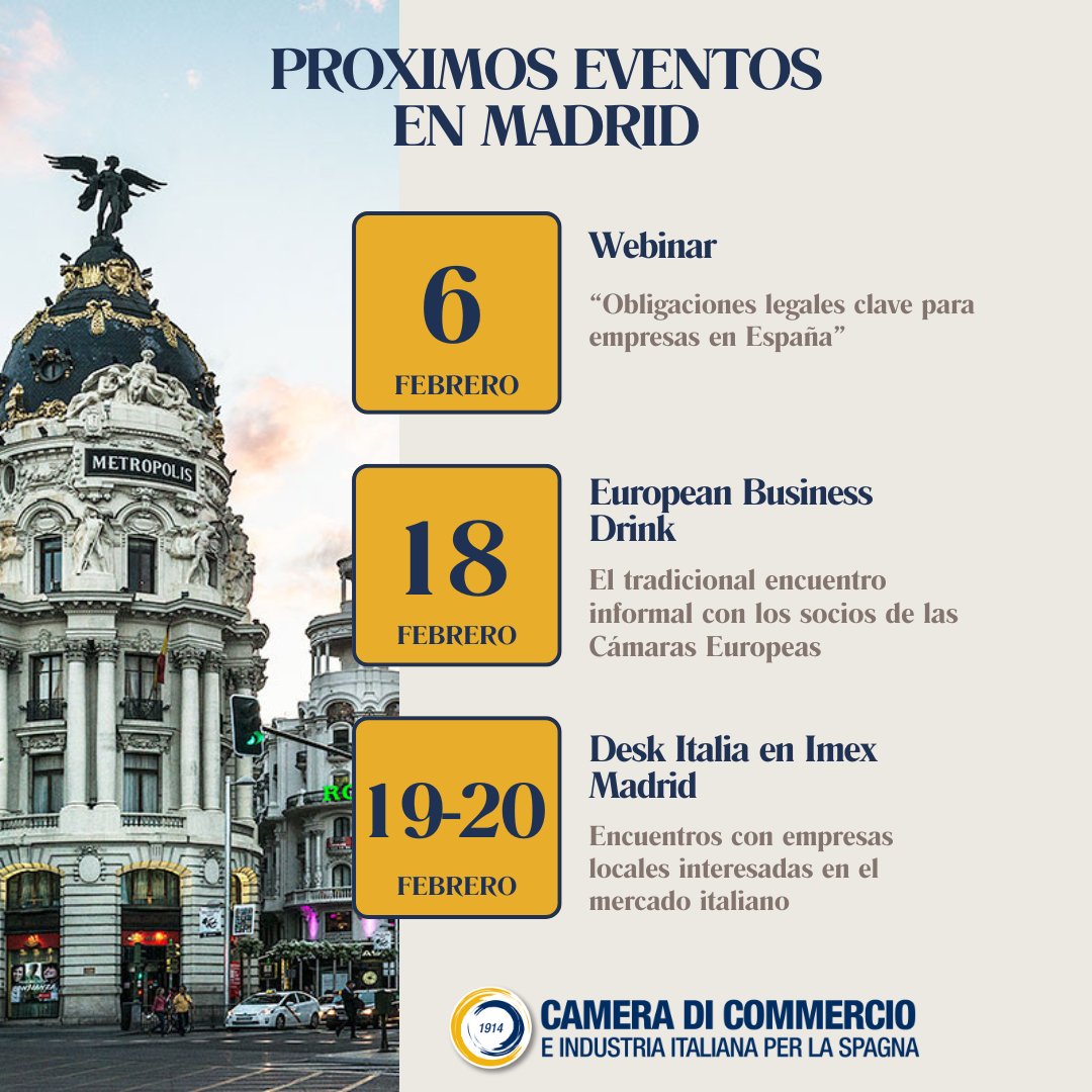 📢 Consulta nuestra agenda de eventos para este mes de febrero! 🇮🇹🇪🇸

ℹ️ Más info en nuestra web. italcamara-es.com/es/events/
 
¡Te esperamos! 🚀

 #Networking #Empresas #ItaliaEspaña