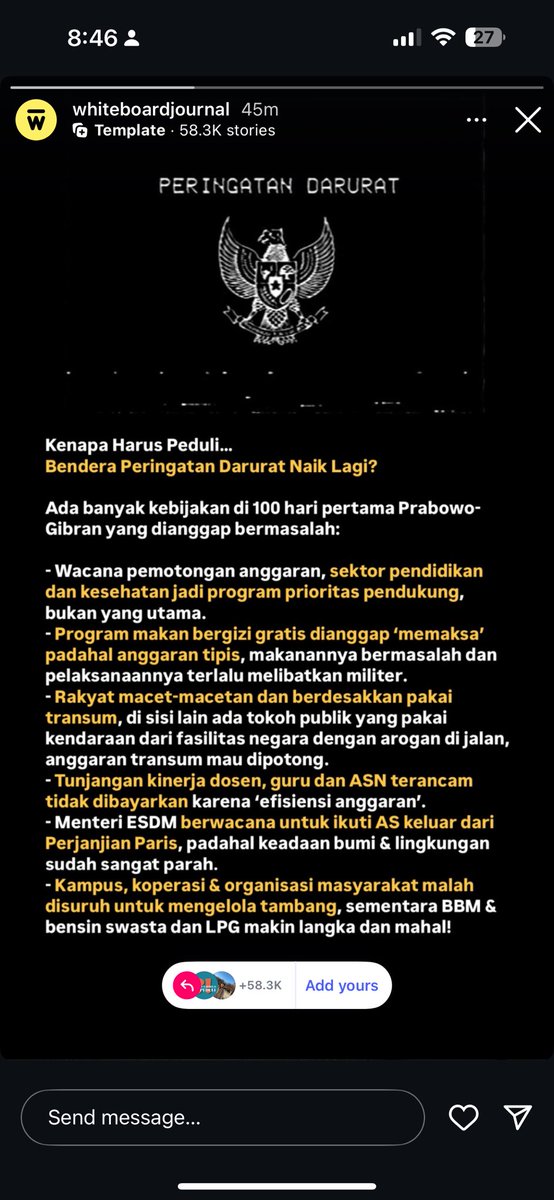 Bendera #PeringatanDarurat naik lagi, #IndonesiaGelap:

Ada banyak kebijakan di 100 hari pertama Prabowo-Gibran yang dianggap bermasalah:

- Wacana pemotongan anggaran, sektor pendidikan dan kesehatan jadi program prioritas pendukung, bukan yang utama.
- ⁠Program makan bergizi