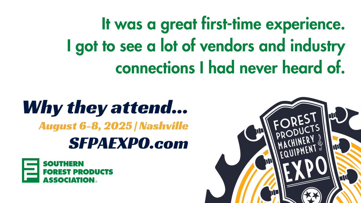 Have you already blocked out your calendar for Forest Products EXPO in Nashville from August 6-8, 2025? Check out our list of exhibitors 👉 ow.ly/M4nH50Uxo7p

#sawmillshow #forestproducts #lumber #machinery #southernpine #wood #lumber #heavyequipment #tradeshow