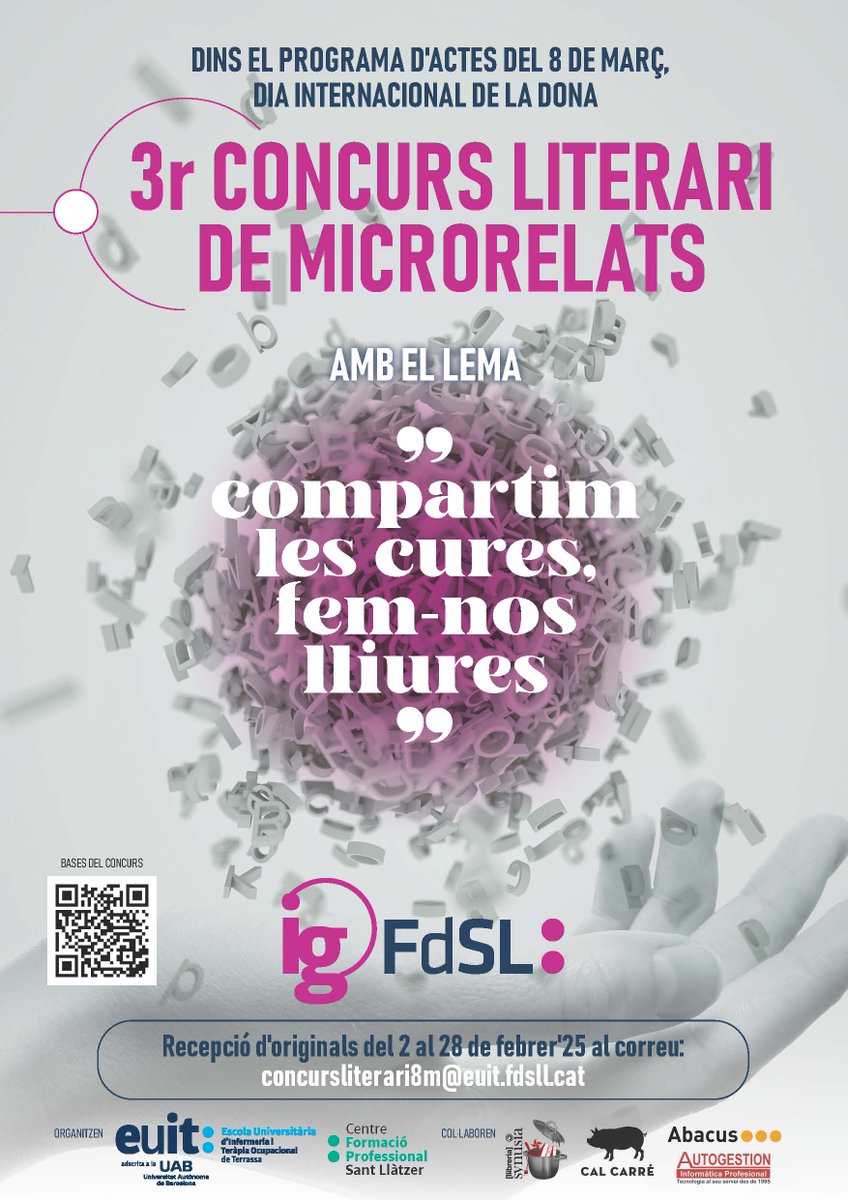 3r CONCURS LITERARI DE MICRORELATS
📢Obert el període de recepció d'originals per participar en la 3a edició del #Concursliterari de #microrelats, organitzat per la Comissió d'Igualtat de Gènere de la FDSL en el marc dels actes del #8demarç

✍️Animeu-vos a participar!  

ℹ️ Info