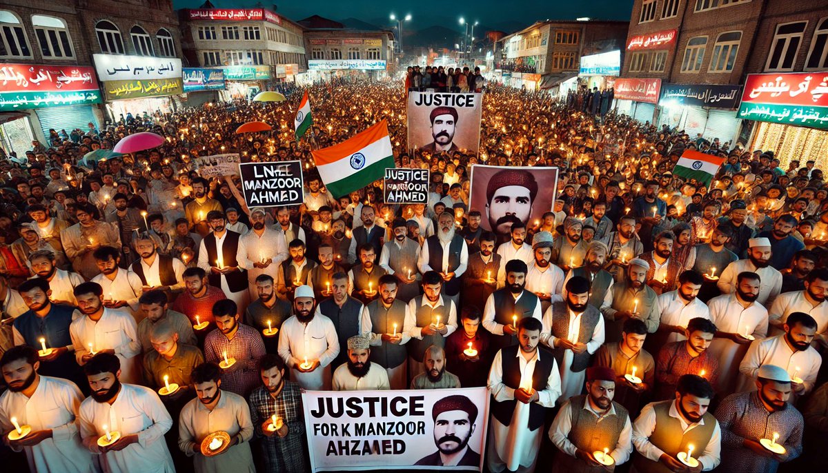 EmpowerNextGen's tweet photo. Over 500 people gathered at pulwama for a solemn candlelight march, condemning the  killing of LNK Manzoor Ahmed by terrorists. United in grief and resilience, the people of Kashmir demand justice &amp; stand firmly against terrorism. #JusticeForManzoorAhmed #KashmirAgainstTerrorism https://t.co/pRHshTqs58