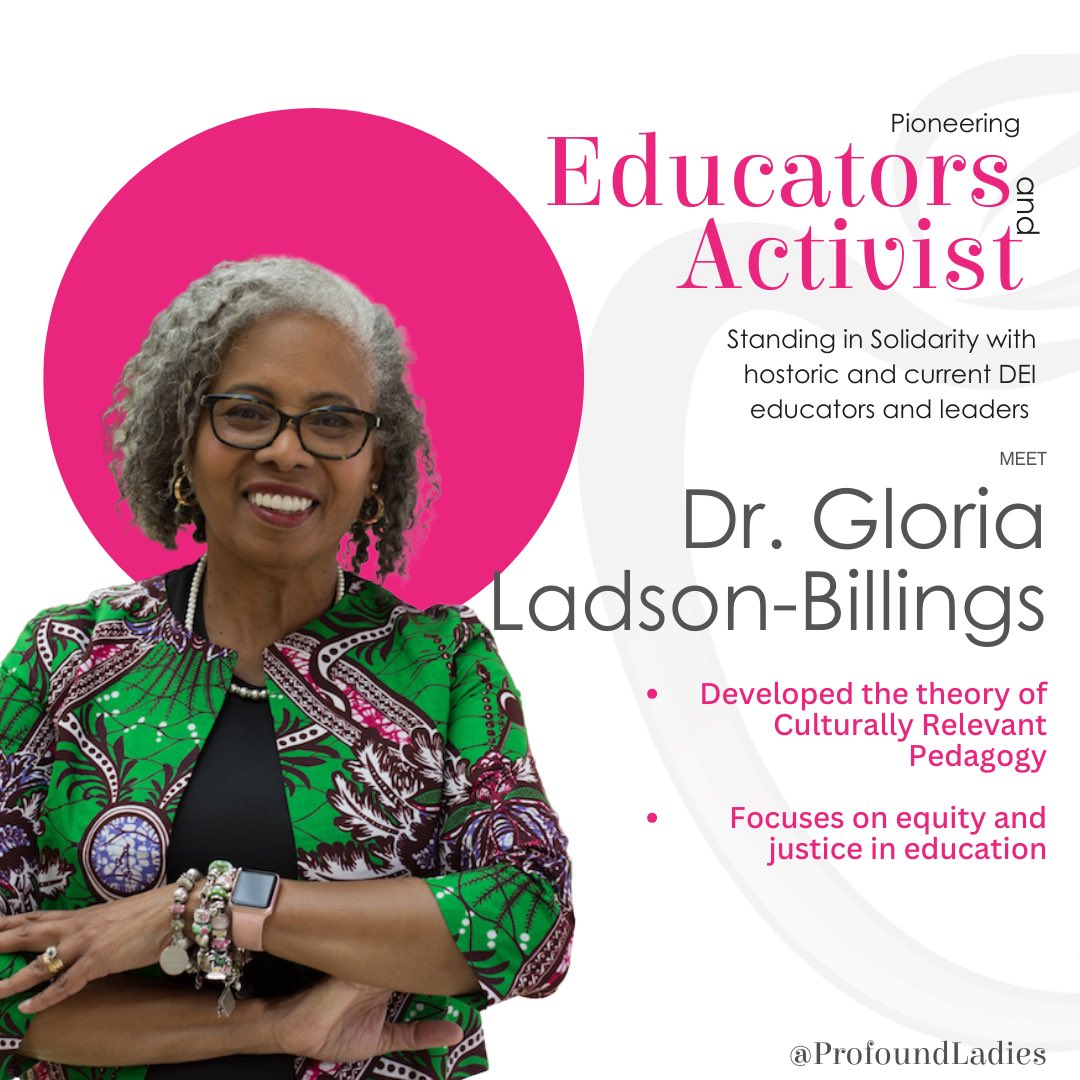 ProfoundLadies's tweet image. Today, Profound Ladies proudly shines a spotlight on Dr. Gloria Ladson-Billings, a groundbreaking educator, scholar, and advocate for culturally relevant teaching. 📖✨