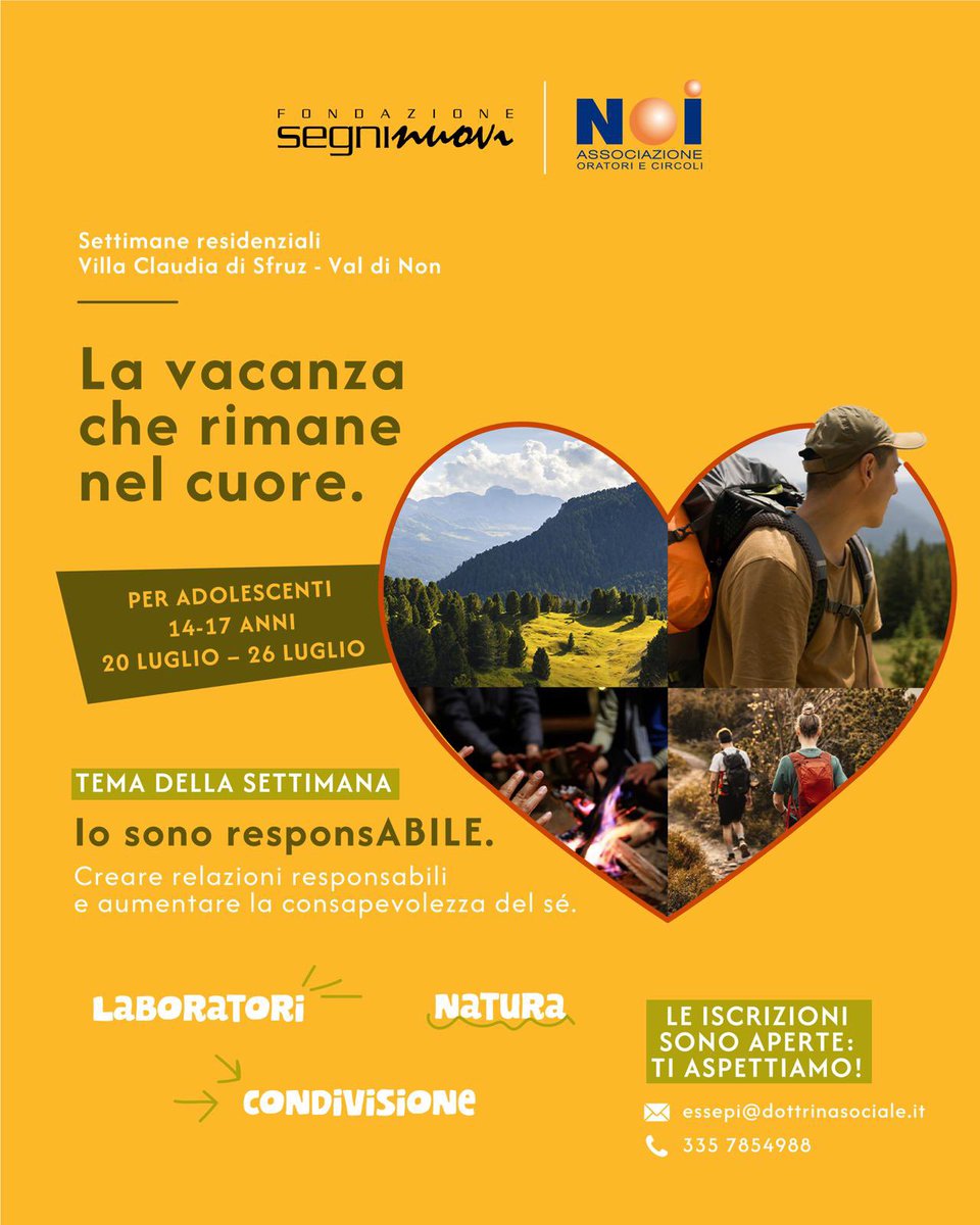 DottrinaSociale.it (@dottrinasociale) on Twitter photo Dal cuore del Trentino-Alto Adige al tuo.
Hai voglia di conoscerti meglio e creare nuove relazioni?
Quest’estate partecipa alla nostra settimana residenziale in Val di Non.
Fai il primo passo. Iscriviti!
E-mail: mailto:essepi@dottrinasociale.it
Tel: 3357854988 Dal cuore del Trentino-Alto Adige al tuo.
Hai voglia di conoscerti meglio e creare nuove relazioni?
Quest’estate partecipa alla nostra settimana residenziale in Val di Non.
Fai il primo passo. Iscriviti!
E-mail: mailto:essepi@dottrinasociale.it
Tel: 3357854988
