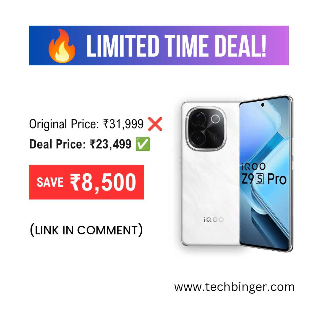 thetechbinger's tweet photo. 🚀 Mega Deal!
 
iQOO Z9S Pro 5G: ₹31,999 → ₹23,499! 

Save ₹8,500 with 22% OFF + bank offers. 

⚡ 5G Power &amp; performance! 

⏳ Limited stock. 

👉 Grab now: https://t.co/lnh7enl4yT 

#iQOO #smartphones 

(Affiliate link) https://t.co/IQcsBvdatM