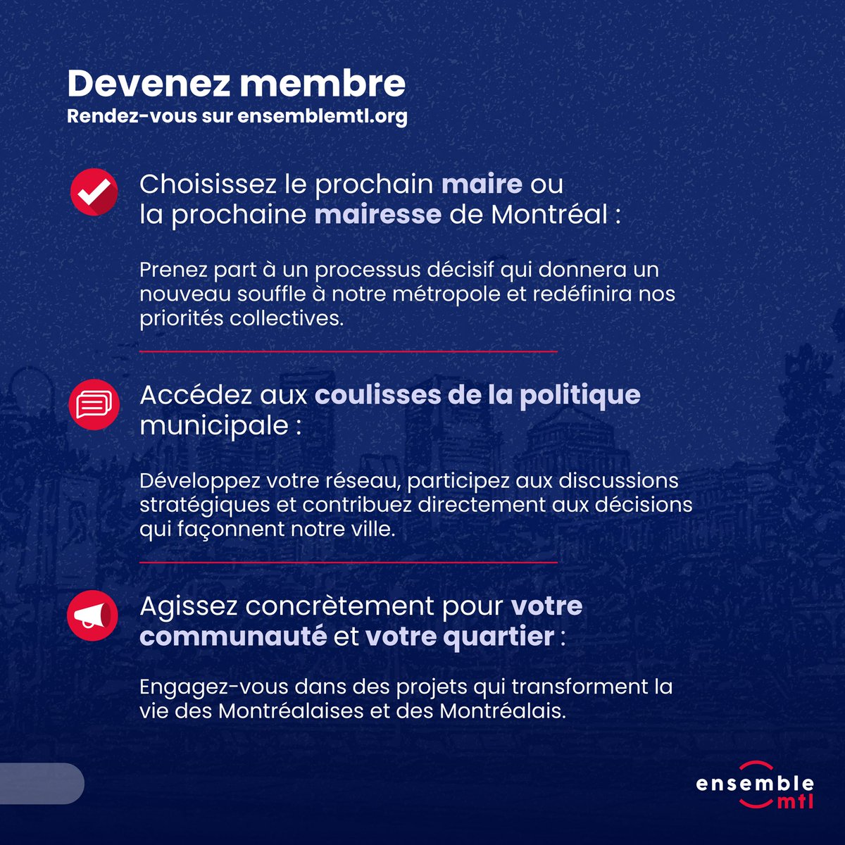 Notre course à la chefferie redémarre en force! Vous souhaitez plus d'écoute, de leadership et un meilleur sens des priorités? C’est le moment de vous mobiliser! Votre engagement est crucial pour choisir le ou la prochain•e maire•sse de Montréal! chefferie.ensemblemtl.com #polmtl