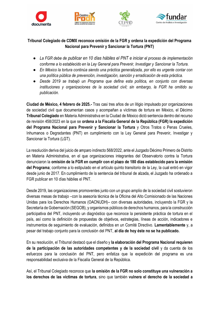 FundarMexico's tweet photo. Tribunal ordena a la FGR publicar el Programa Nacional contra la Tortura en 10 días, reconociendo que su omisión vulnera derechos de las víctimas y de la sociedad. Organizaciones llamamos a su cumplimiento e implementación efectiva.
𝗖𝗼𝗺𝘂𝗻𝗶𝗰𝗮𝗱𝗼 👉 https://t.co/882b0NmEnK https://t.co/iCscOhnp12