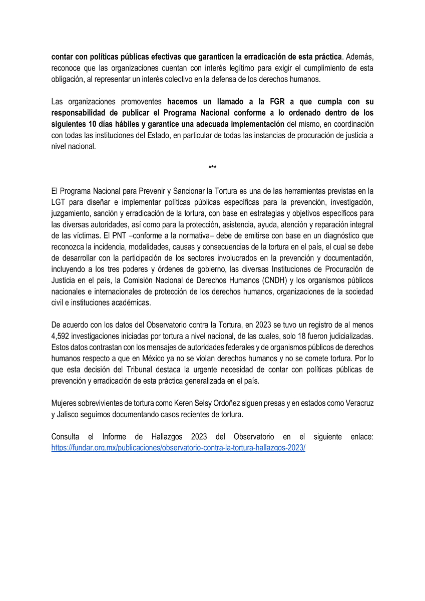 FundarMexico's tweet photo. Tribunal ordena a la FGR publicar el Programa Nacional contra la Tortura en 10 días, reconociendo que su omisión vulnera derechos de las víctimas y de la sociedad. Organizaciones llamamos a su cumplimiento e implementación efectiva.
𝗖𝗼𝗺𝘂𝗻𝗶𝗰𝗮𝗱𝗼 👉 https://t.co/882b0NmEnK https://t.co/iCscOhnp12