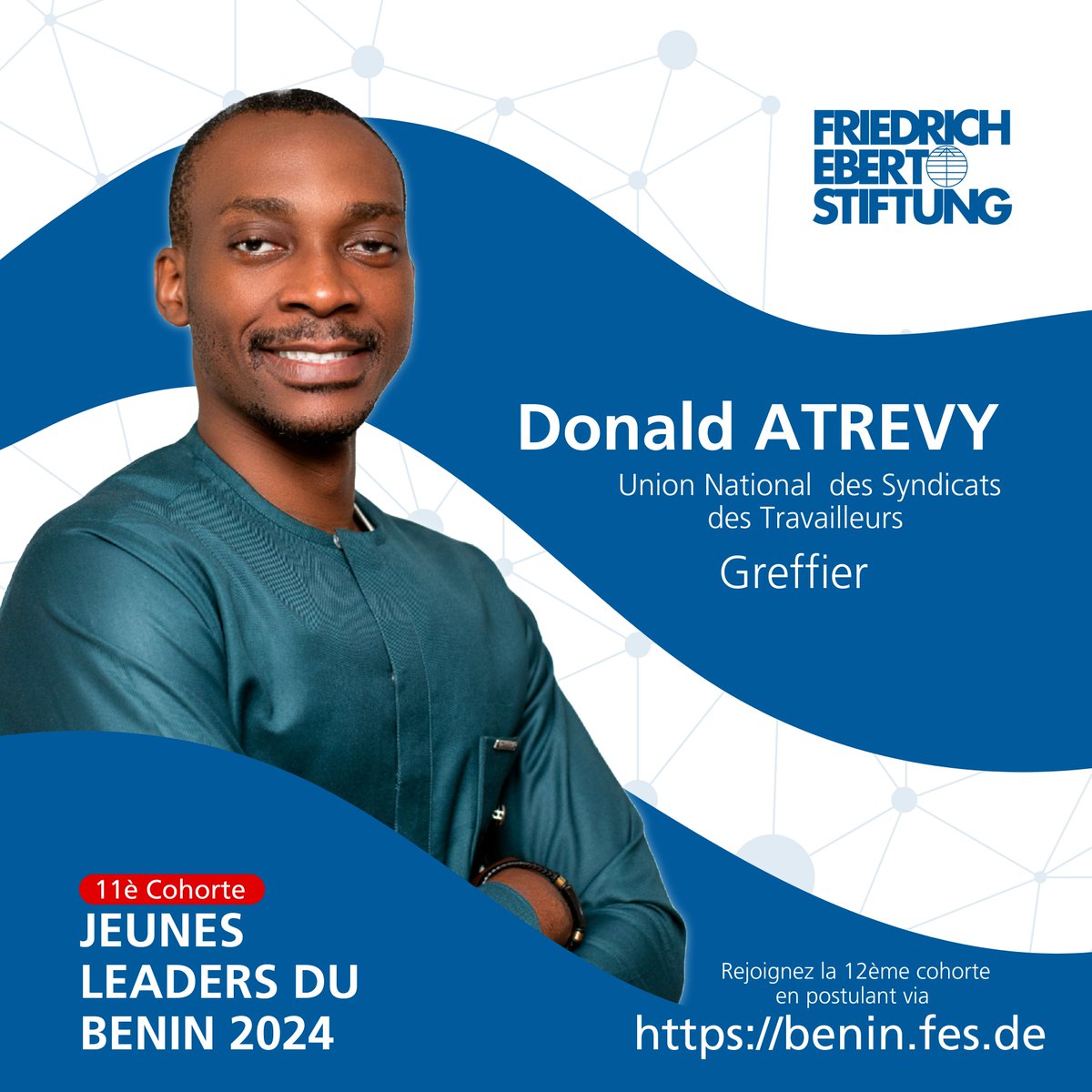 Fes_Benin's tweet photo. Le premier Jeune Leader du Bénin de la 11ᵉ promotion que nous mettons en lumière est Donald Atrevy

Il incarne l’alliance parfaite entre droit et engagement syndical. Greffier et bénéficiaire du programme JLB, il est actif au sein des organisations syndicales, notamment l’Union Nationale des Syndicats de Travailleurs du Bénin, où il œuvre  pour la défense des droits des travailleurs et notamment l’accès à un travail décent.

🔍 Découvrez son parcours ici 👉 https://t.co/slNYFAGPW4

🚀 L’appel à candidatures pour la 12ᵉ promotion est ouvert jusqu’au 24 février ! Rejoignez le réseau des jeunes leaders dès maintenant en postulant ici 👉 https://t.co/iyZk7ob1fl

#Leadership #Travaildecent