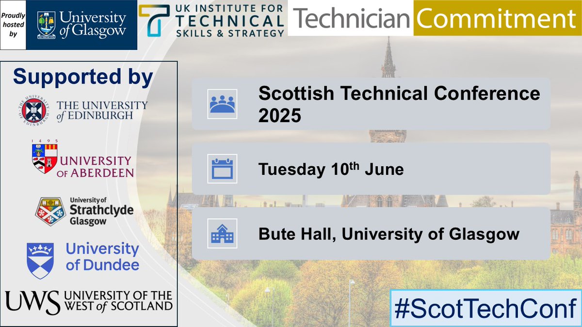 @UofG Technicians (@uofgtechnicians) on Twitter photo We're pleased to announce the <a href="/UofGlasgow/">University of Glasgow</a> will be hosting the <a href="/TechsCommit/">Technician Commitment</a> Scottish Technical Conference on Tuesday 10th June 2025. Further details 👇
gla.ac.uk/myglasgow/staf…
#ScotTechConf We're pleased to announce the <a href="/UofGlasgow/">University of Glasgow</a> will be hosting the <a href="/TechsCommit/">Technician Commitment</a> Scottish Technical Conference on Tuesday 10th June 2025. Further details 👇
gla.ac.uk/myglasgow/staf…
#ScotTechConf