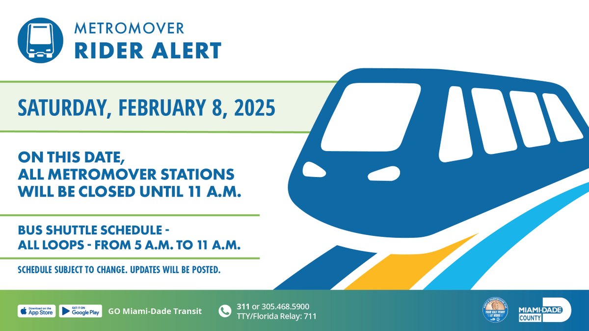 We're upgrading the system! The Metromover will be closed until 11 a.m. on Saturday, February 8th. Free bus shuttle service will be provided.