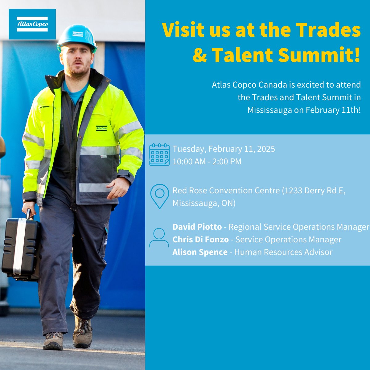 AtlasCopcoCa's tweet photo. Join us at the Trades and Talent Summit in Mississauga on Feb 11!

We're #Hiring:
🔹Millwrights
🔹Electricians
🔹Refrigeration Mechanics
🔹Auto Service Technicians &amp; more!

Explore #CareerOpportunities: https://t.co/jkcuypB6D6

See you there! 👋

#SkilledTrades #AtlasCopcoCanada https://t.co/zSZSizexXA