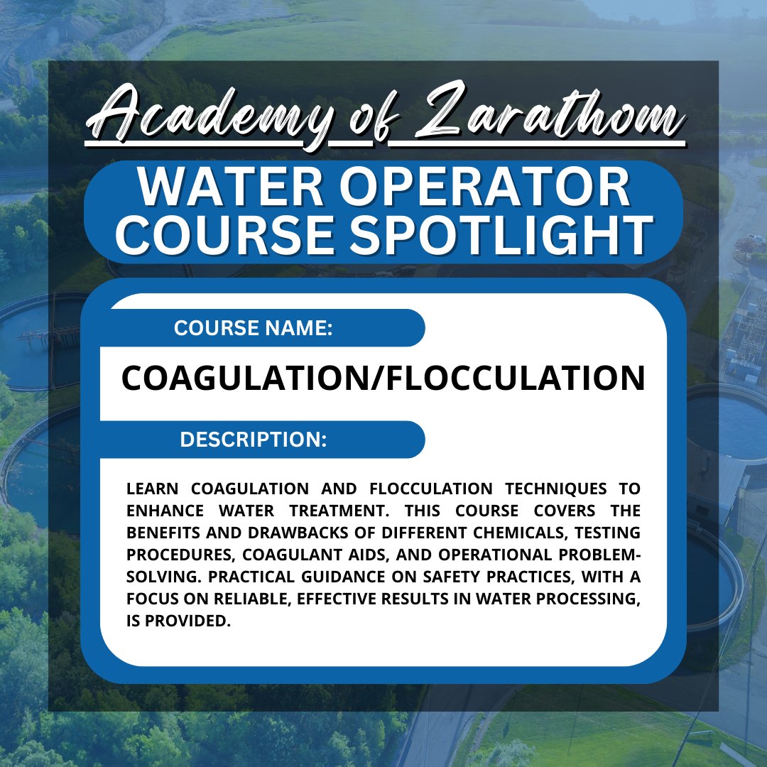 Zarathom_Online's tweet image. 🌟 Water Operator Course Spotlight: Coagulation/Flocculation 🌟

🚨 Enroll today and refine your water management skills!

Visit us at l8r.it/VC4M

#Coagulation #Flocculation#WaterOperators #WaterTreatment #OperatorTraining  #AcademyOfZarathom #Zarathom