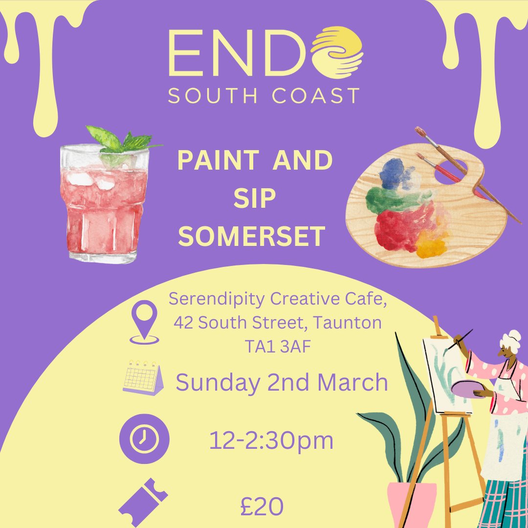 Paint and Sip in Somerset! ✨🎨

📍 Location: Serendipity Creative Cafe, 42 South Street, Taunton TA1 3AF
📅 Date/Time: Sunday, 2nd March, 12-2:30 PM
💷 Cost: £20

🎟️ Reserve your spot today: eventbrite.co.uk/e/paint-and-si…

#PaintAndSip #EndometriosisAwareness