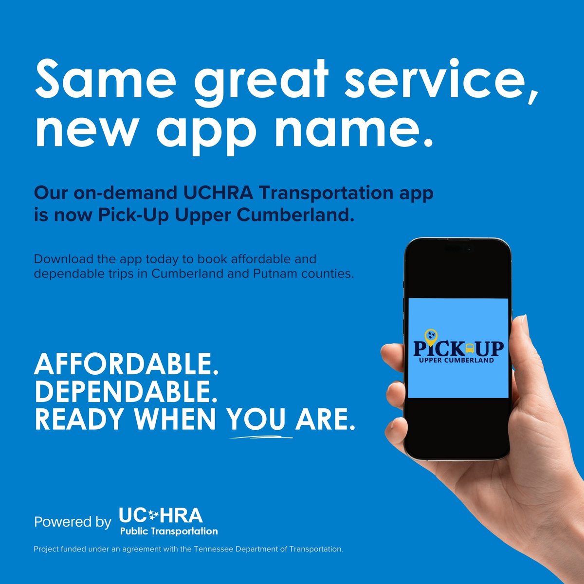 🚗 Need a ride in Putnam or Cumberland counties? Pick-Up Upper Cumberland is fast, easy &amp; affordable!

✅ Easy app booking
✅ Safe, TDOT-certified vehicles
✅ Background-checked drivers
📲 Download the app &amp; ride today! 

#PickUpUpperCumberland #PublicTransportation