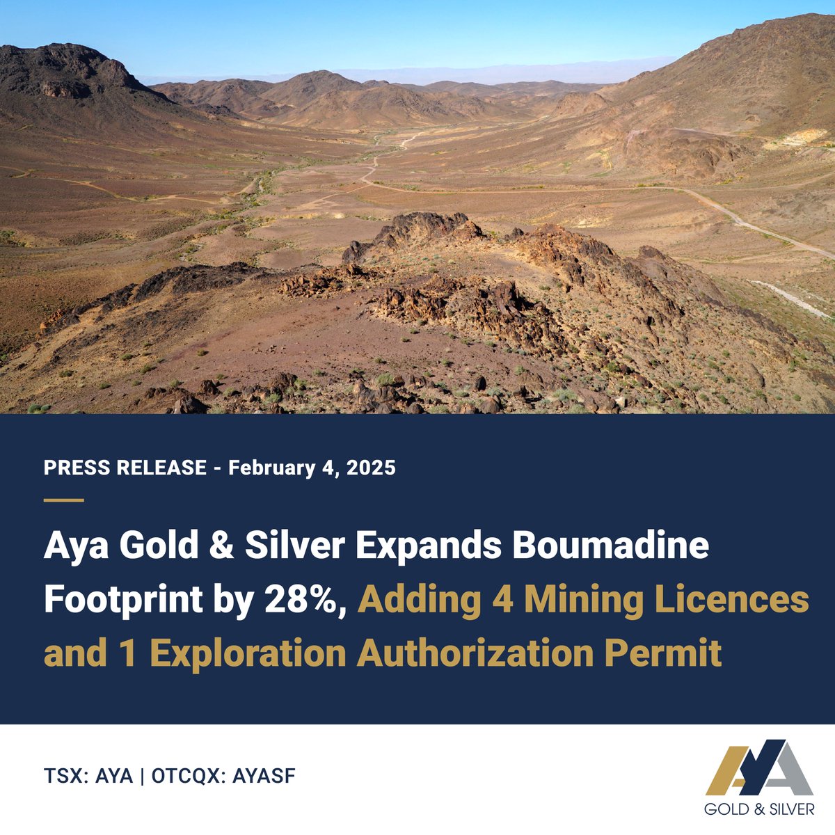 Aya Gold & Silver (@ayagoldsilver) on Twitter photo #Silver producer <a href="/AyaGoldSilver/">Aya Gold & Silver</a> today announced they have secured the right to 4 additional mining licenses in the Kingdom of #Morocco, expanding Boumadine’s #exploration footprint by 28% to over 271 square kilometres. bit.ly/3EkCNFw $AYA $AYASF #Boumadine #growth #Silver producer <a href="/AyaGoldSilver/">Aya Gold & Silver</a> today announced they have secured the right to 4 additional mining licenses in the Kingdom of #Morocco, expanding Boumadine’s #exploration footprint by 28% to over 271 square kilometres. bit.ly/3EkCNFw $AYA $AYASF #Boumadine #growth