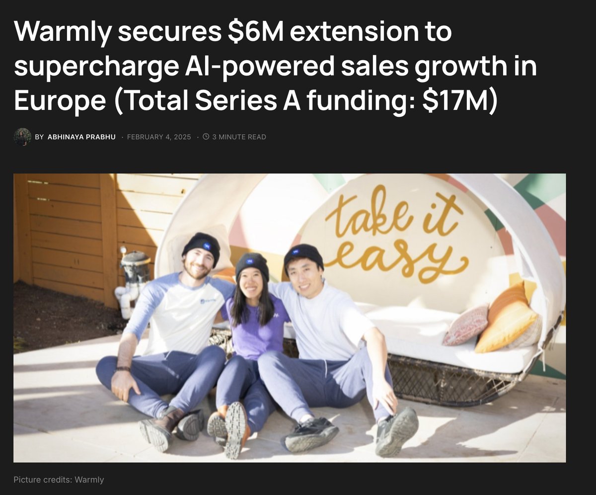 Today <a href="/warmlyai/">Warmly,</a> finalizes our $17M Series A for our AI Sales Platform.

This extra $6M extension comes from <a href="/rtpvc/">RTP Global</a> with participation from <a href="/felicis/">Felicis</a> &amp; <a href="/NFX/">NFX</a> 

Sign up to get 500 warm leads/month free at Warmly.ai! 

Read more here: tech.eu/2025/02/04/war…